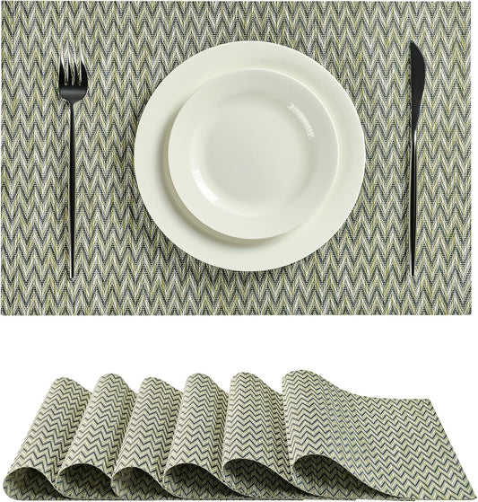 Leetaltree Green Placemats Set of 6 - Heat Resistant Non-Slip Place mats for Dining Table, Washable Durable PVC Vinyl Woven Table Mats（Green Zigzag, 6）