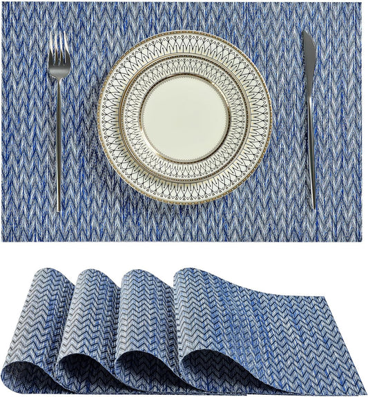 Leetaltree Blue Placemats Set of 4 - Heat Resistant Non-Slip Place mats for Dining Table, Washable Durable PVC Vinyl Woven Table Mats（Blue Zigzag, 4）