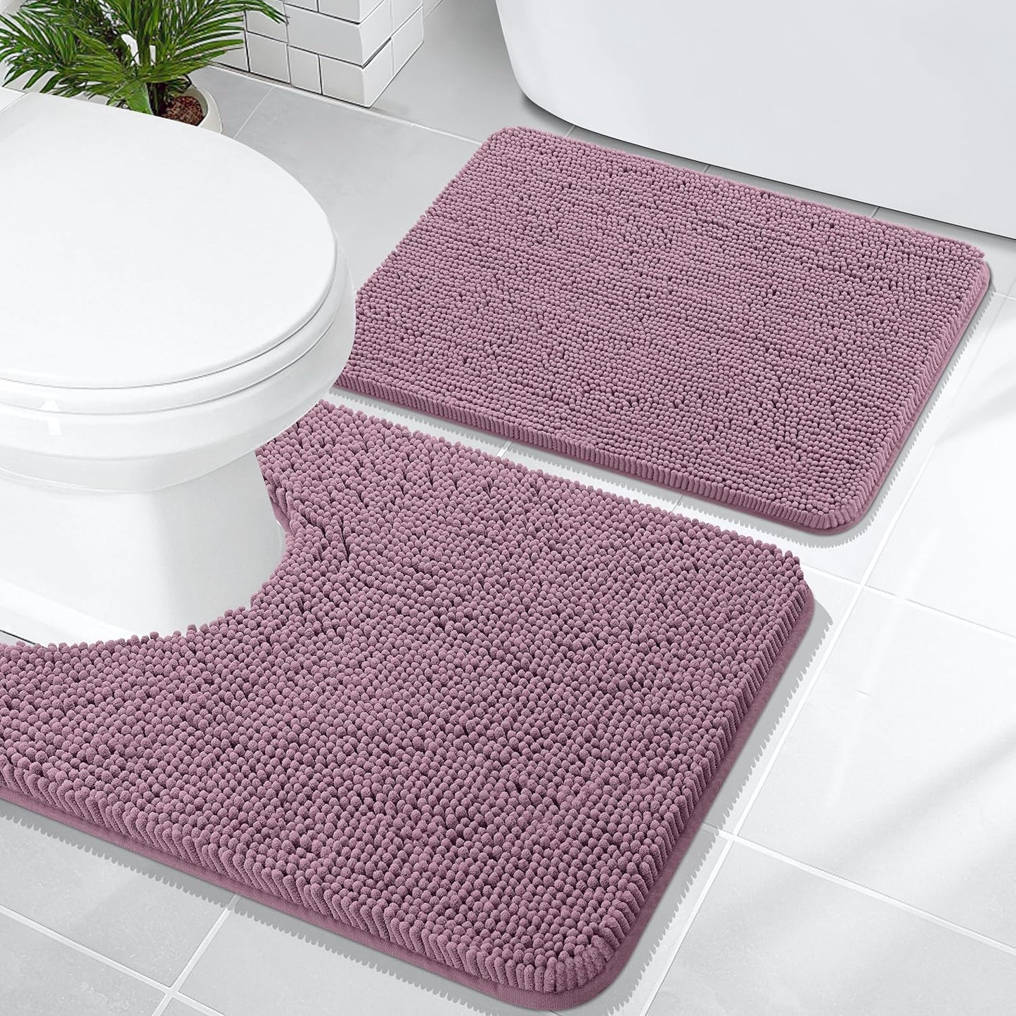 OLANLY Bathroom Rugs Sets 2 Piece, Soft Absorbent Chenille Bath Mats and U-Shaped Contour Toilet Mat Area Rug Set, Machine Washable Bath Carpet, Home Decor Accessories(24"x16"+24"x20", Deep Plum)