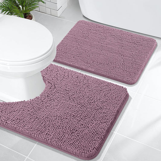 OLANLY Bathroom Rugs Sets 2 Piece, Soft Absorbent Chenille Bath Mats and U-Shaped Contour Toilet Mat Area Rug Set, Machine Washable Bath Carpet, Home Decor Accessories(24"x16"+24"x20", Deep Plum)