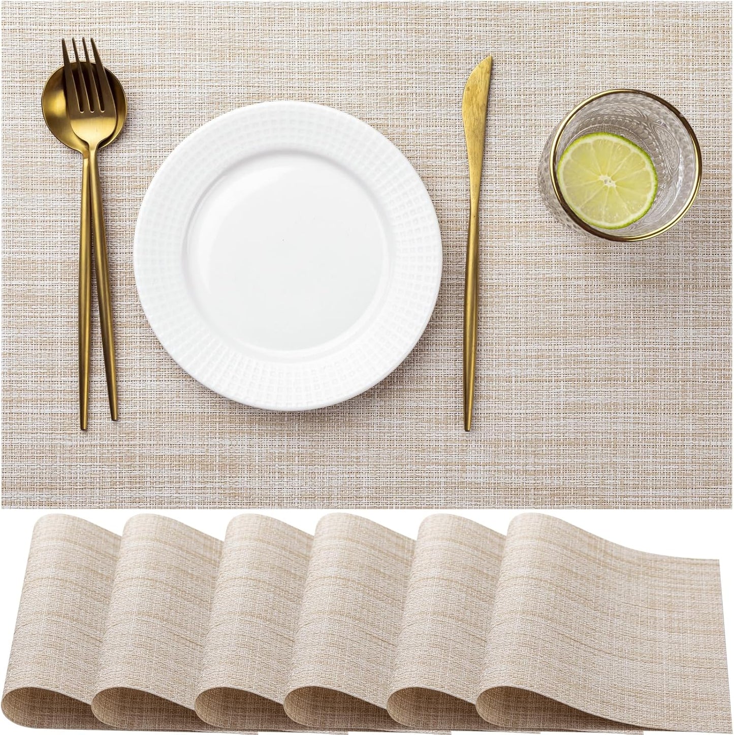 LEXMORE Placemats Set of 6 Vinyl/Plastic Woven Place Mats for Kitchen Table Indoor/Outdoor Washable Placemat Wipeable Dining Table Mats(A-Beige)