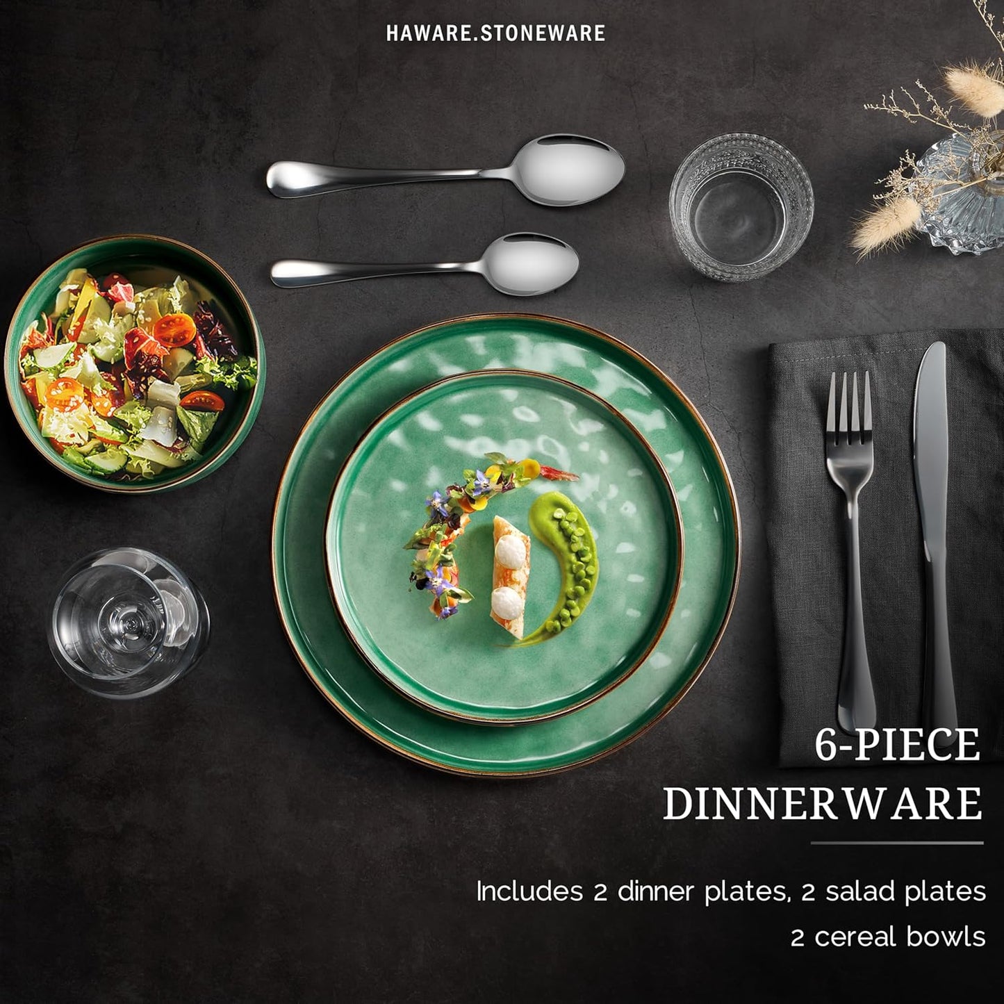 HaWare Dinnerware Sets, 6-Piece Plates and Bowls Set, Stoneware Dish Set for 2, Ceramic Dinnerware for Home Restaurant, Chip and Scratch Resistant, Microwave and Dishwasher Safe, Reactive Green