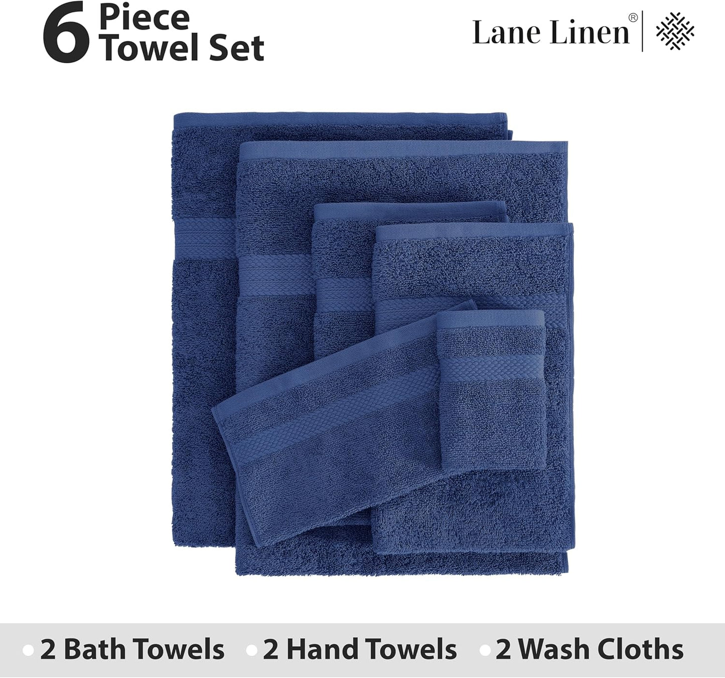 LANE LINEN 100% Cotton Bathroom Towel Set - 6 Pieces - Ring Spun, Super Soft & Highly Absorbent - 2 Bath, 2 Washcloths, 2 Hand Towels for Bathroom - Minimal Lint & Fading, Pre Shrunk - Navy Blue