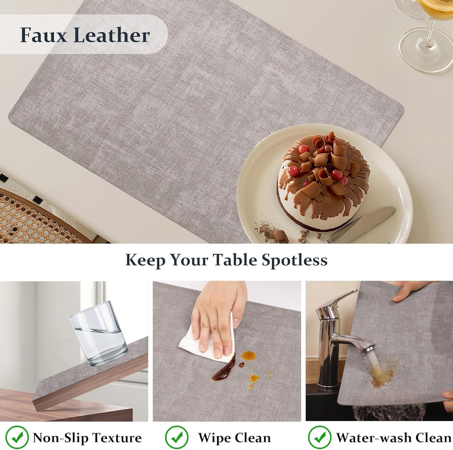 FROMHEART Faux Leather Placemats Set of 6–Waterproof,Heat/Oil Stain-Resistant PU Table Mat–Reversible,Non-Slip,Easy to Clean Place Mats for Kitchen,Dining,Indoor/Outdoor,(Light Grey,11.8" x 17")