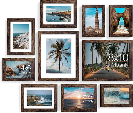 Vittanly 10 Pack Picture Frames Collage Wall Decor, Gallery Wall Frame Set for Wall or Tabletop Display, Engineered Wood and Shatter-resistant Plexiglass, Multi Sizes with 8x10, 5x7, 4x6 Frames, Brown