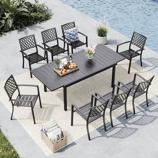 MFSTUDIO Outdoor Dining Set for 8, Patio Dining Set with Expandable Table, 9 Piece Patio Table and Chairs Set, Outdoor Patio Furniture Set for Deck Backyard Poolside Garden