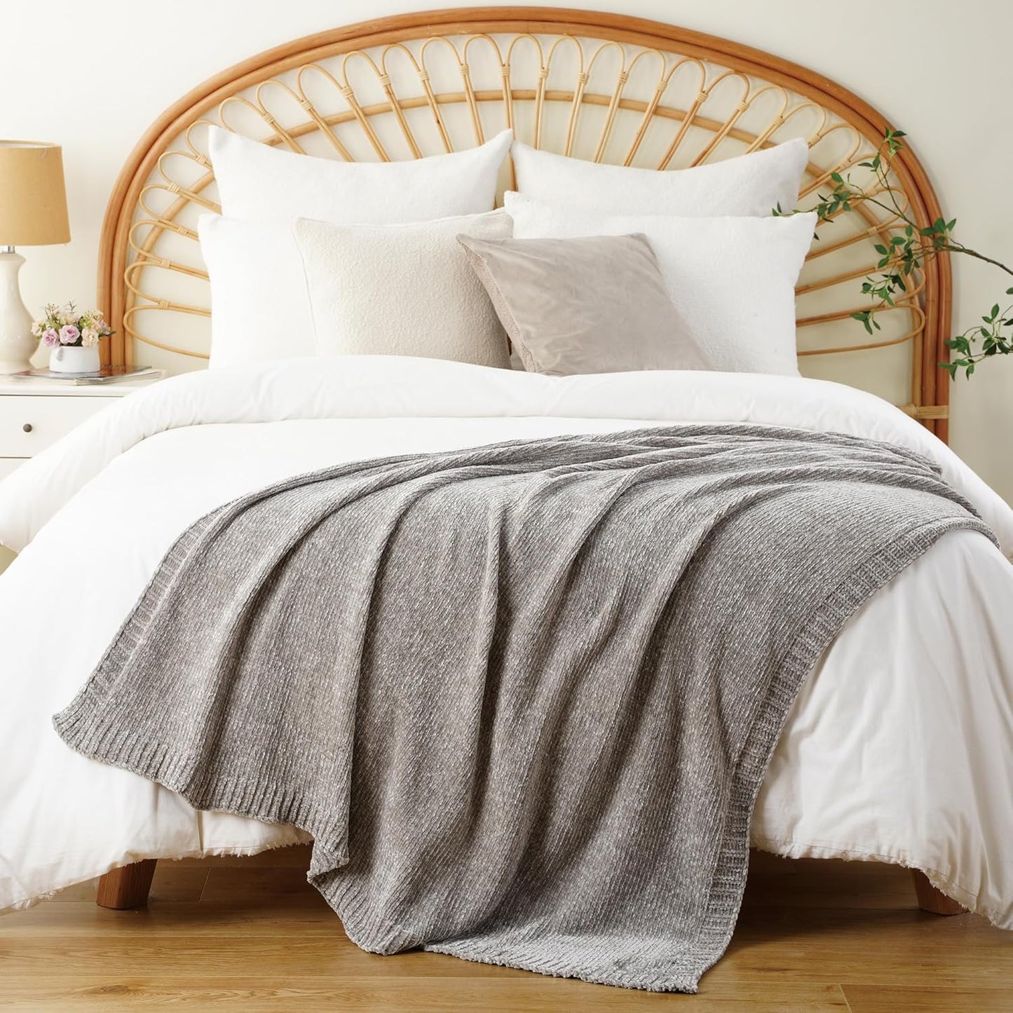 BATTILO HOME Light Grey Throw Blanket for Couch, Soft Knitted Chenille Throw Blanket for Sofa, Chair, Living Room, Cozy Gray Throw Blankets for Bed,51"x67"