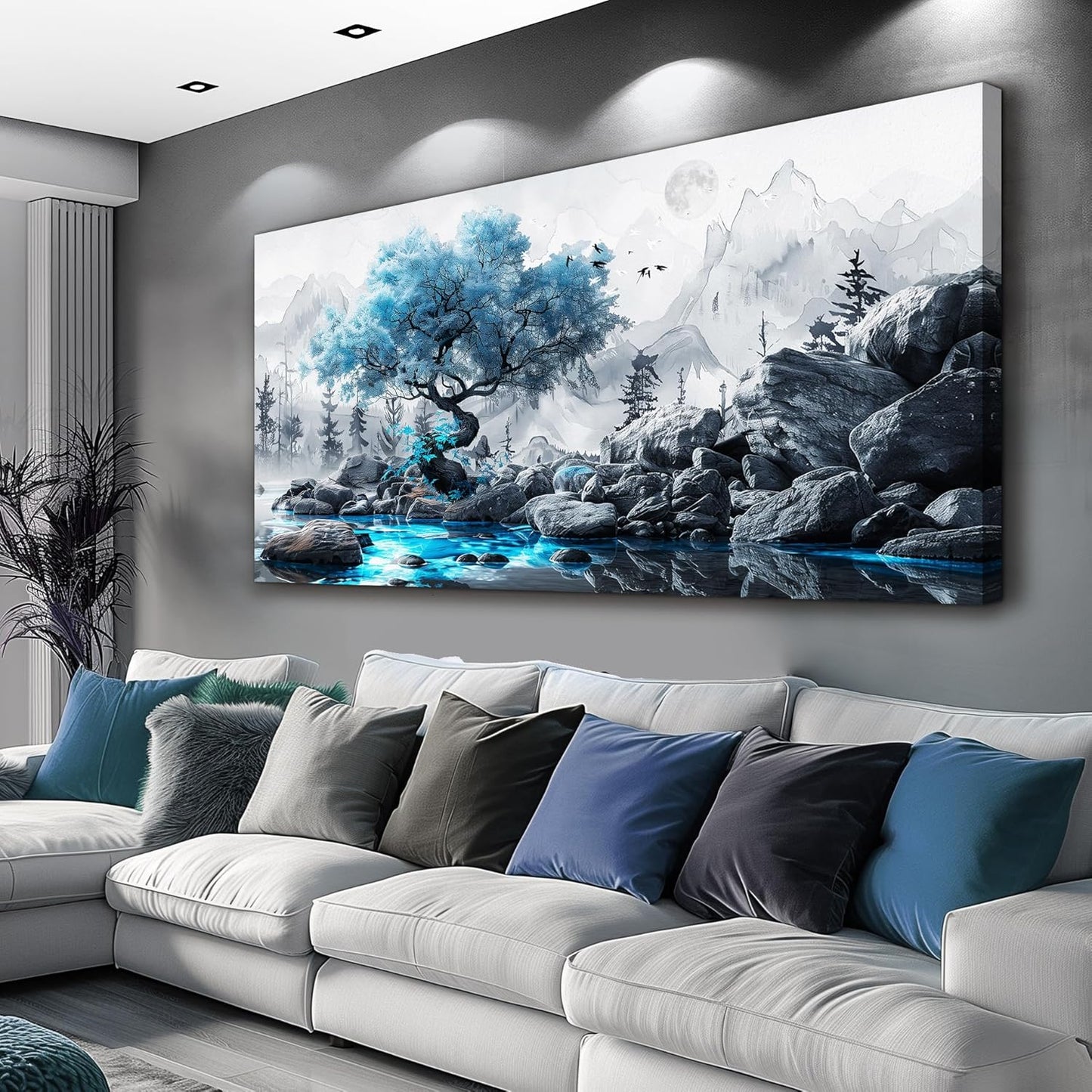 FUHUAHAI Canvas Wall Art For Living Room Framed Wall Decor For Bedroom Modern Office Decoration Black And White Ink Landscape Painting Blue Tree Wall Pictures Artwork Ready To Hang Home Decor 20x40