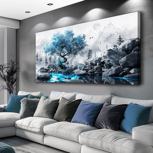 FUHAIHUA Large Wall Decor For Living Room Canvas Wall Art For Bedroom Office Decor Black And White Wall Pictures Artwork Blue Tree Landscape Painting Ready To Hang Hotel Room Home Decoration 24x48
