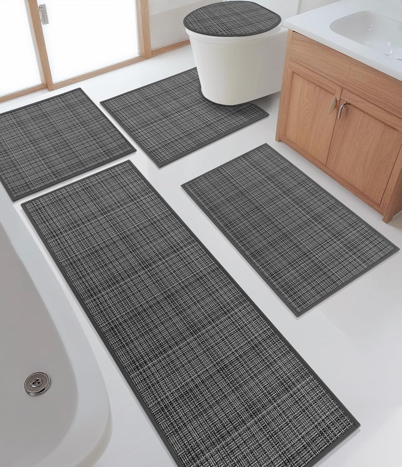 YIHOUSE Bathroom Rugs Sets 5 Pieces, Dark Grey Ultra Thin Bath Mats Fit Under Door, Absorbent Quickly Dry Rubber Backing Braided Bath Mat Set, Non Slip Washable Bath Rugs for Bathroom Floor, Grey