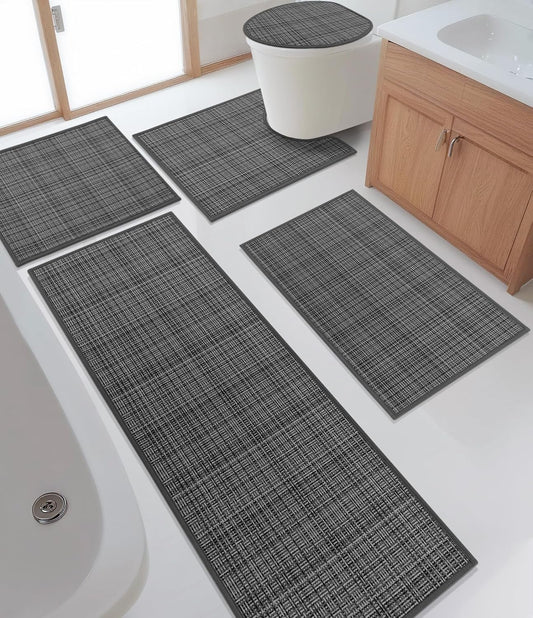 YIHOUSE Bathroom Rugs Sets 5 Pieces, Dark Grey Ultra Thin Bath Mats Fit Under Door, Absorbent Quickly Dry Rubber Backing Braided Bath Mat Set, Non Slip Washable Bath Rugs for Bathroom Floor, Grey