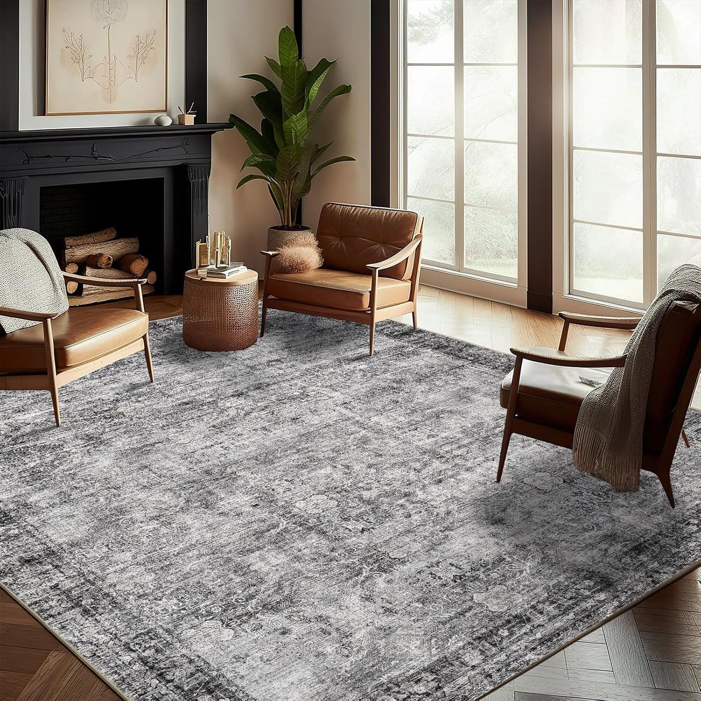 Washable Area Rug 9'x12' Retro Boho Design Non-Shedding Easy Care Ideal for High Traffic Areas in Living Room Bedroom Office Coffee Table Kitchen Large Carpet