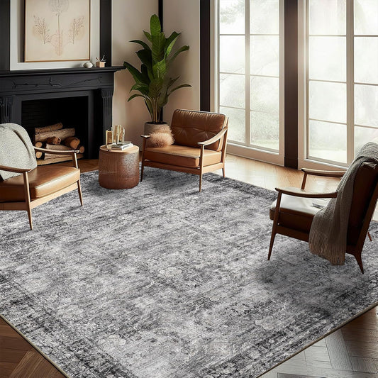 Washable Area Rug 9'x12' Retro Boho Design Non-Shedding Easy Care Ideal for High Traffic Areas in Living Room Bedroom Office Coffee Table Kitchen Large Carpet