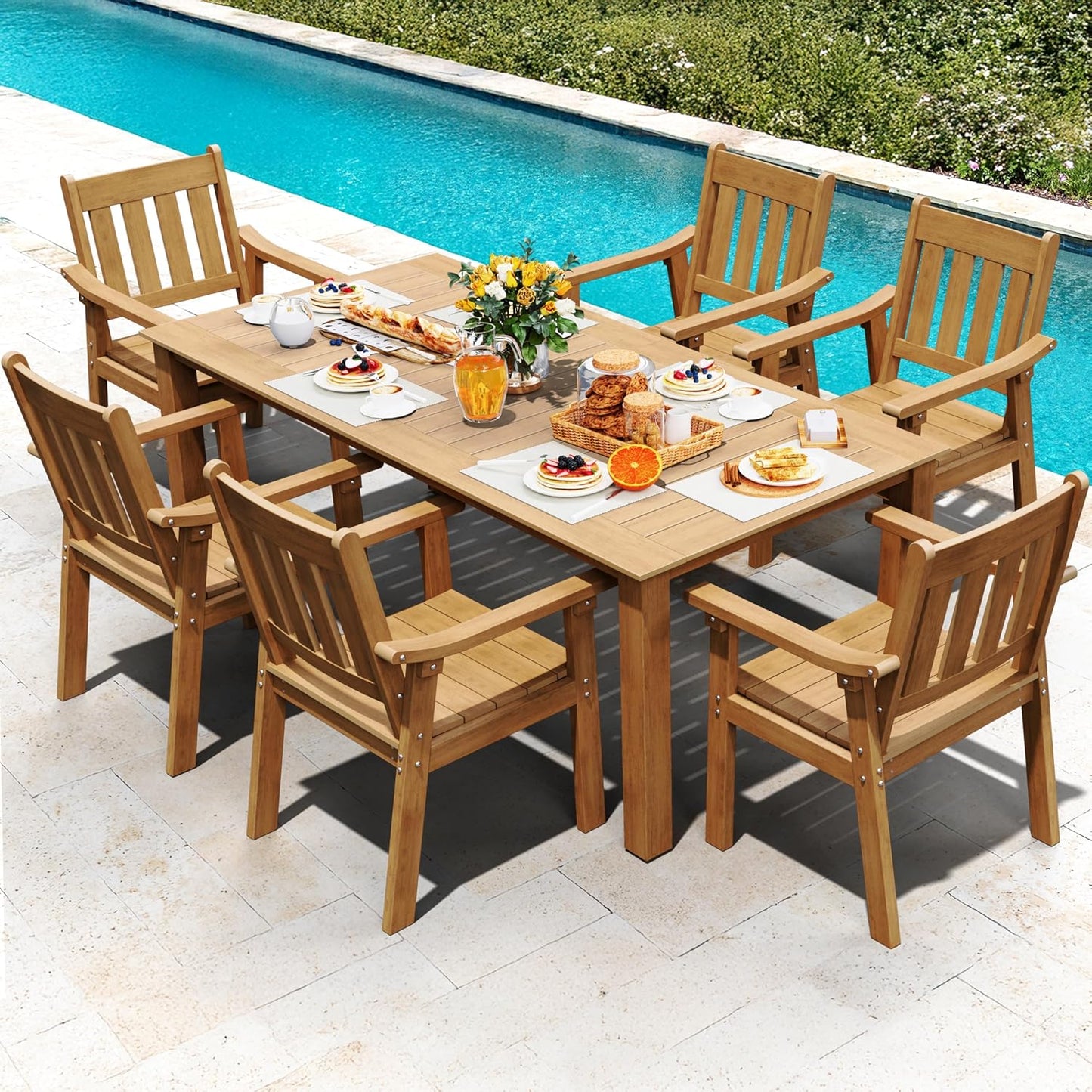 YEFU HIPS Patio Table Set: 7 Piece Outdoor Table and Chairs Dining Furniture Set with Umbrella Hole - Teak Modern Plastic Dining Sets 6 Person for Outside Deck with Metal Aluminum Frame