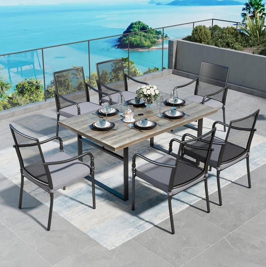 Patio Table and Chairs Set of 6, All-Weather Breathable Metal Mesh Patio Chair with Gourd-Shaped Armrests, 64x38 Wood-Like Table with Umbrella Hole, 7 Pcs Metal Frame Patio Dining Set