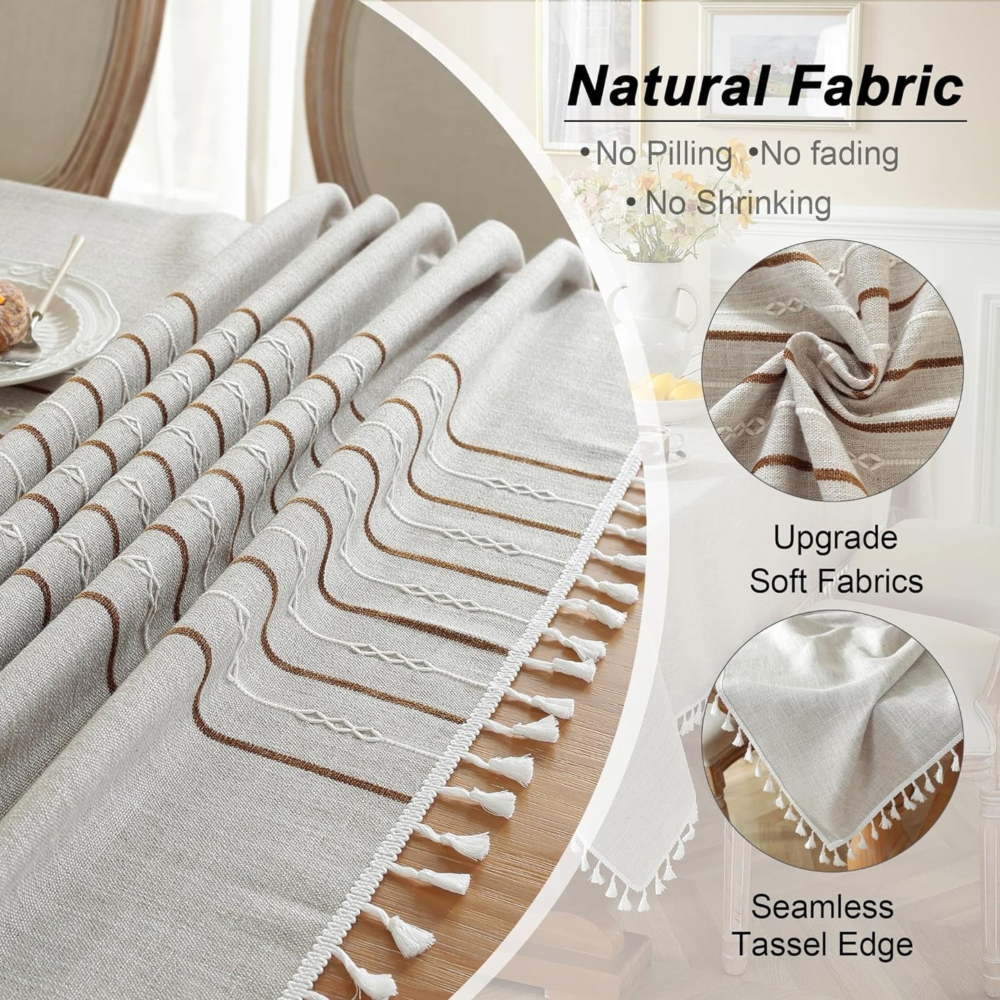 JIALE Tablecloths for Rectangle Tables, Cotton Linen Table Cloth Waterproof Tablecloth Wrinkle Free Farmhouse Dining Tables Cover, Soft Fabric Table Cloths with Tassels, Coffee, 55" X 102", 8-10 Seats
