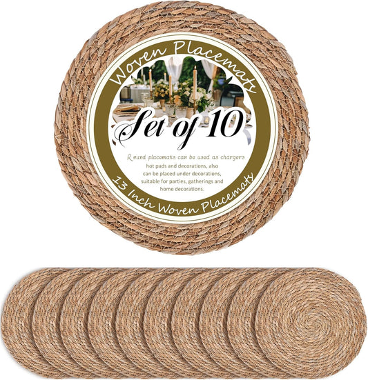 GENMOUS Woven Placemats Set of 10, 13" Round Placemats Natural Water Hyacinth Boho Placemats,Farmhouse Rattan Chargers for Dinner Plates,Rustic Braided Wicker Table Mats for Thanksgiving,Home,Wedding
