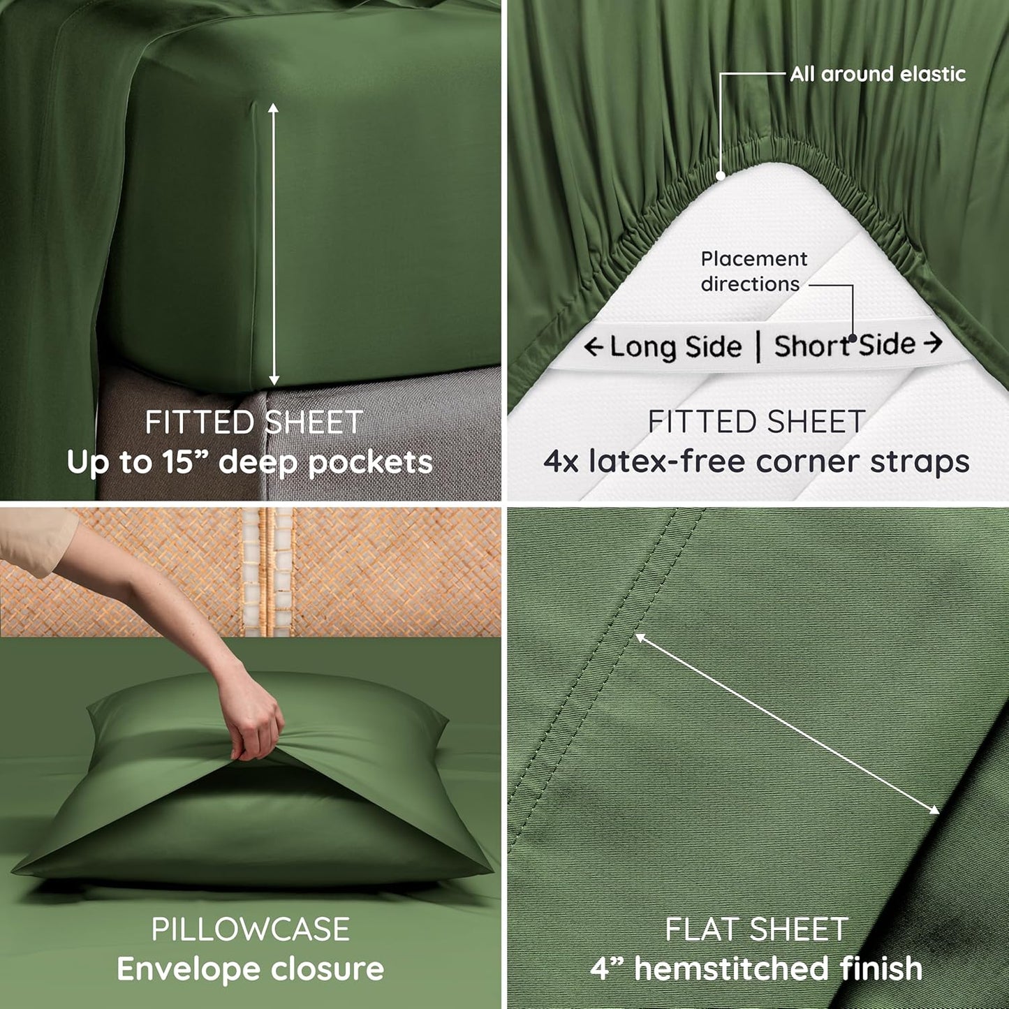 Bambaw Full Sheet Set 4pcs – 100% Viscose Derived from Bamboo Sheets Full Size Set, Cooling Bed Sheets for Hot Sleepers, with Elastic Corner Straps (Olive)
