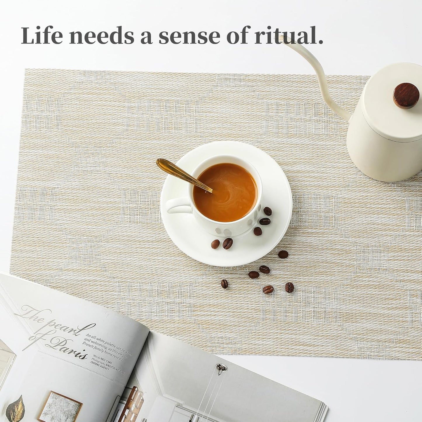 Leetaltree Wheat Placemats Set of 12 - Heat Resistant Non-Slip Place mats for Dining Table, Washable Durable PVC Vinyl Woven Table Mats（Wheat, 12）