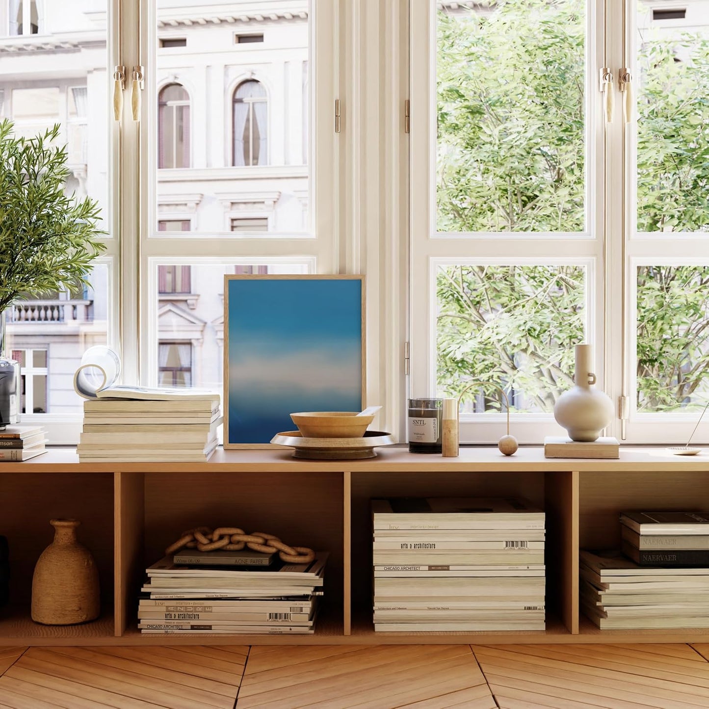 HAUS AND HUES Modern Abstract Wall Art - Blue and Green Living Room Art, Modern Artwork for Walls, Minimalist Picture for Living Room(Blue Tie-Dye, Beige Frame, 16x20)