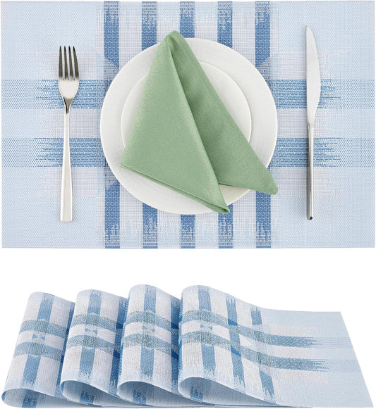 Leetaltree Geometric Print Blue Placemats Set of 4 - Heat Resistant Non-Slip Place mats for Dining Table, Washable Durable PVC Vinyl Woven Table Mats (Geometric Blue, 4)