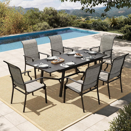 HERA'S HOUSE Patio Dining Set for 6, 7 Piece Table Chairs Set with 6 All Weather High Back Dining Chairs and Extendable Large Surface Metal Table, Outdoor Furniture Dining Set for Lawn, Garden, Porch