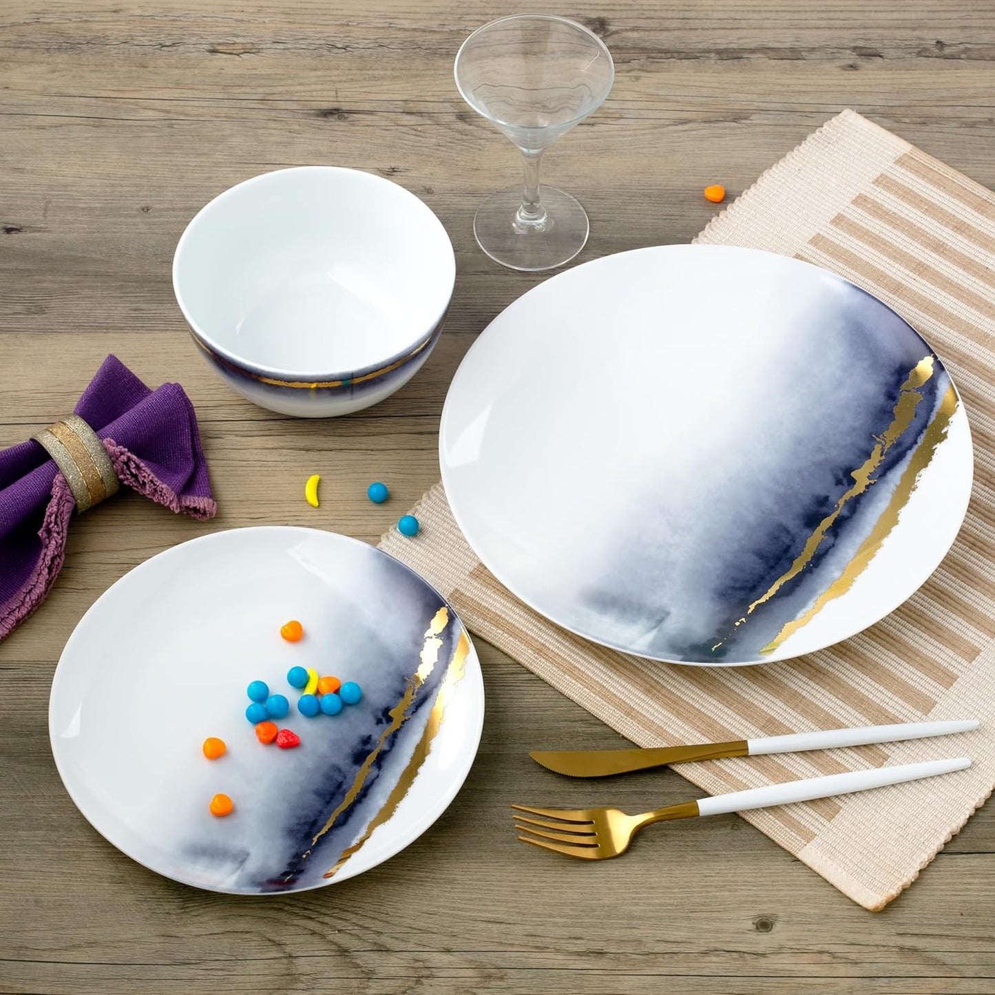 Joseph Sedgh Collection “Lazuli” 12-Piece Porcelain Dinnerware Set, Service for 4, Blue and Gold