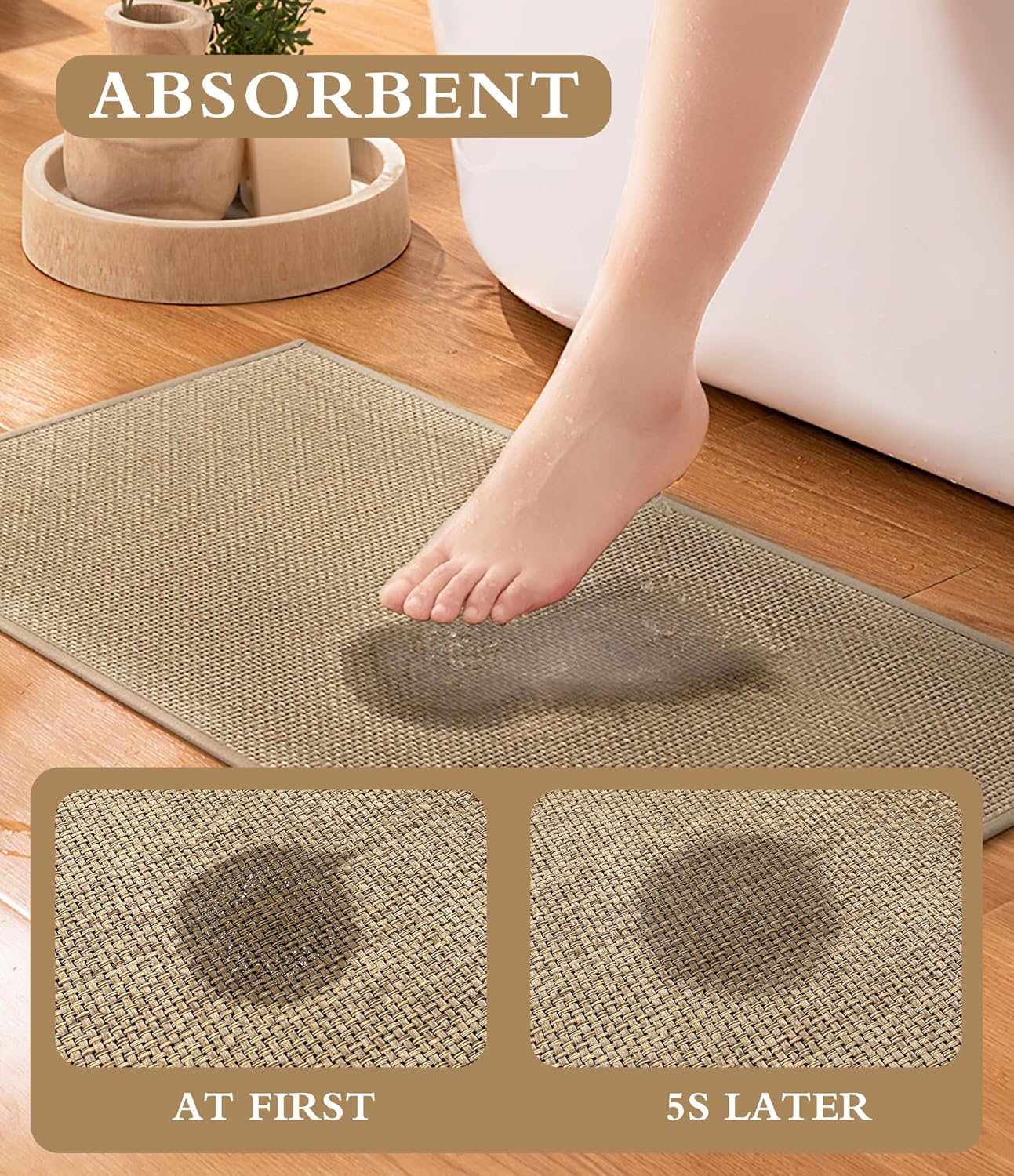 YIHOUSE Bathroom Rugs Sets 5 Pieces, Beige Ultra Thin Bath Mats Fit Under Door, Absorbent Quickly Dry Rubber-Backing Braided Bath Mat Set, Non Slip Washable Bath Rugs Mat for Bathroom Floor, Beige