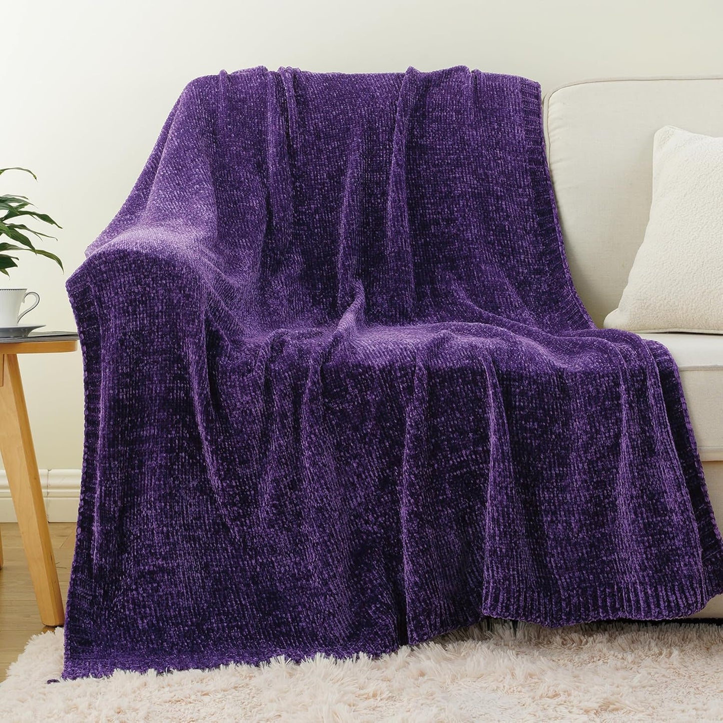 BATTILO HOME Chenille Knitted Throw Blanket for Couch, Decorative Cozy Dark Purple Throw Blanket for Bed Sofa Outdoor, Super Soft Purple Blankets Chenille Blankets for Home Decor, 51"x67"