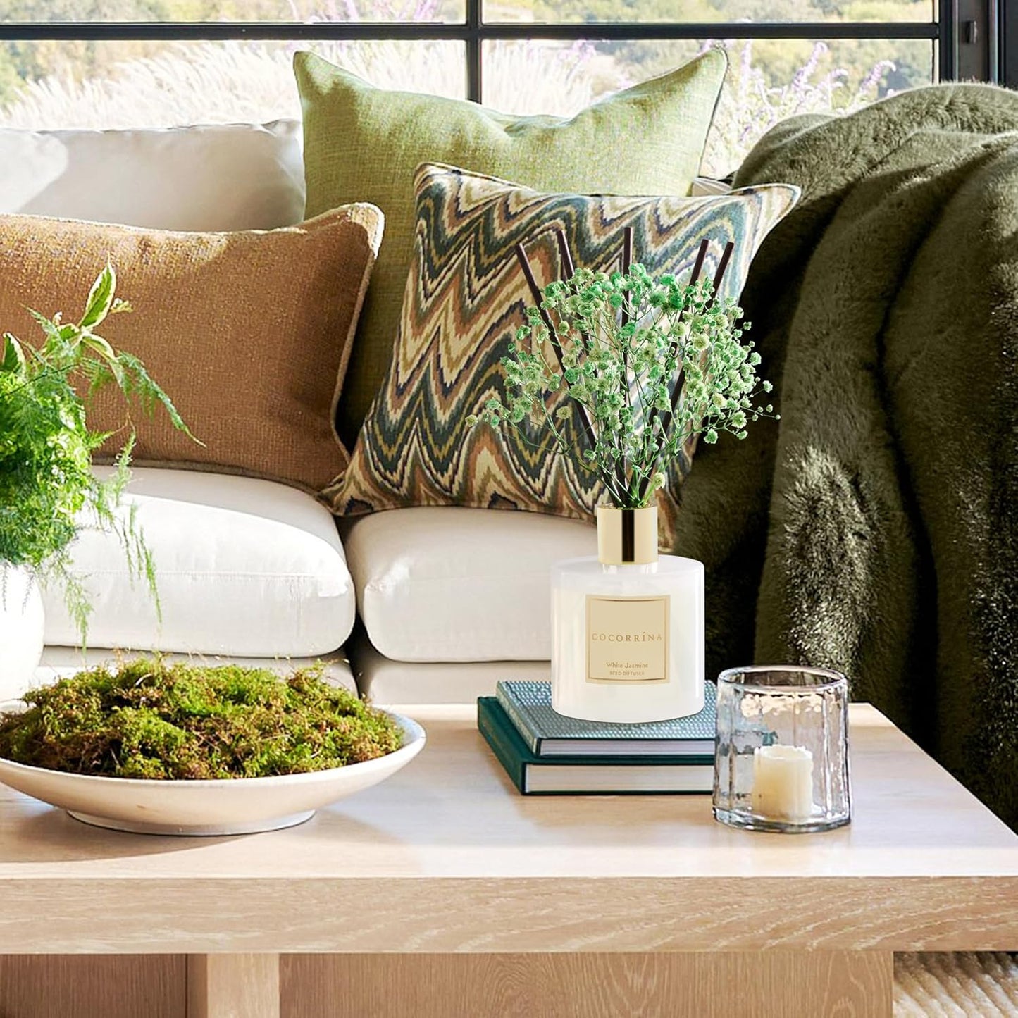 COCORRÍNA Reed Diffuser - White Jasmine 6.7 Fl.oz Reed Diffuser Set with Sticks & Preserved Baby's Breath, Reed Diffuser for Home Bathroom Shelf Decor