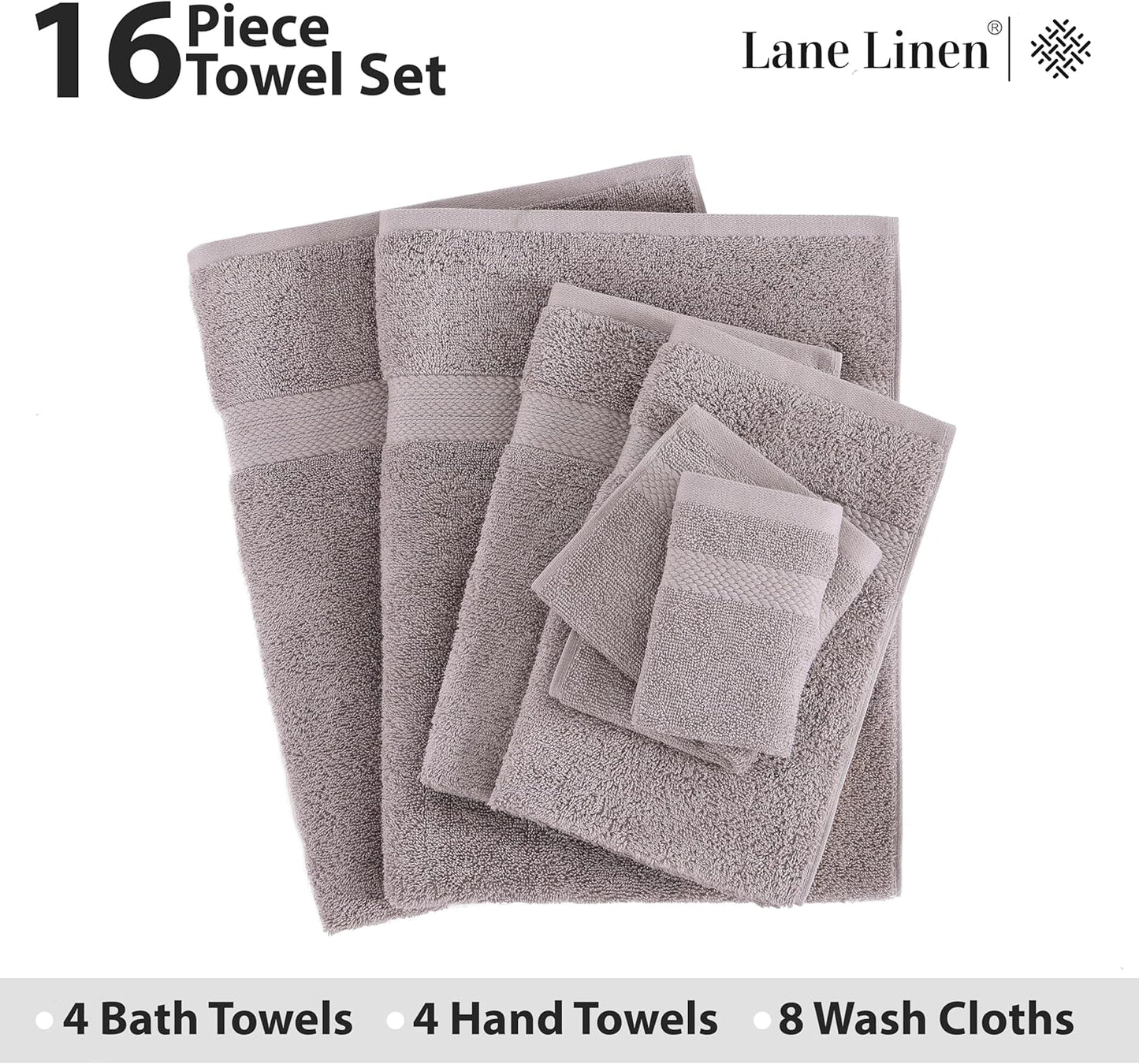 LANE LINEN 100% Mercerized Cotton Bathroom Towel Set - 16 Pcs - Ring Spun, Fluffy, Soft & Highly Absorbent - 4 Bath, 8 Washcloths, 4 Hand Towels - Avaialable in Wide Variety of Colours - Platinum
