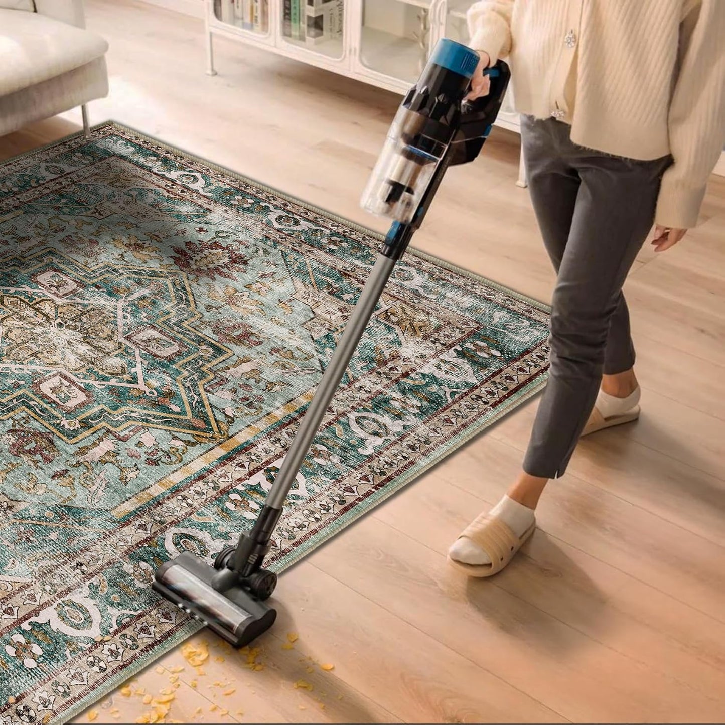 3'x5' Vintage Washable Thin Green Area Rug Tangerine Traditional Floor Cover Foldable Indoor Distressed Non Slip Carpet Floral Print Mat Bedroom Living Room Bathroom