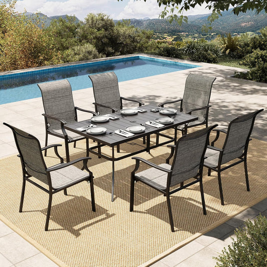 HERA'S HOUSE 7 Pieces Patio Dining Set, Outdoor Dining Set for 6, 6 x Textilene Padded Dining Chair, 1 x Rectangular Large Surface Metal Dining Table, for Lawn Garden Backyard