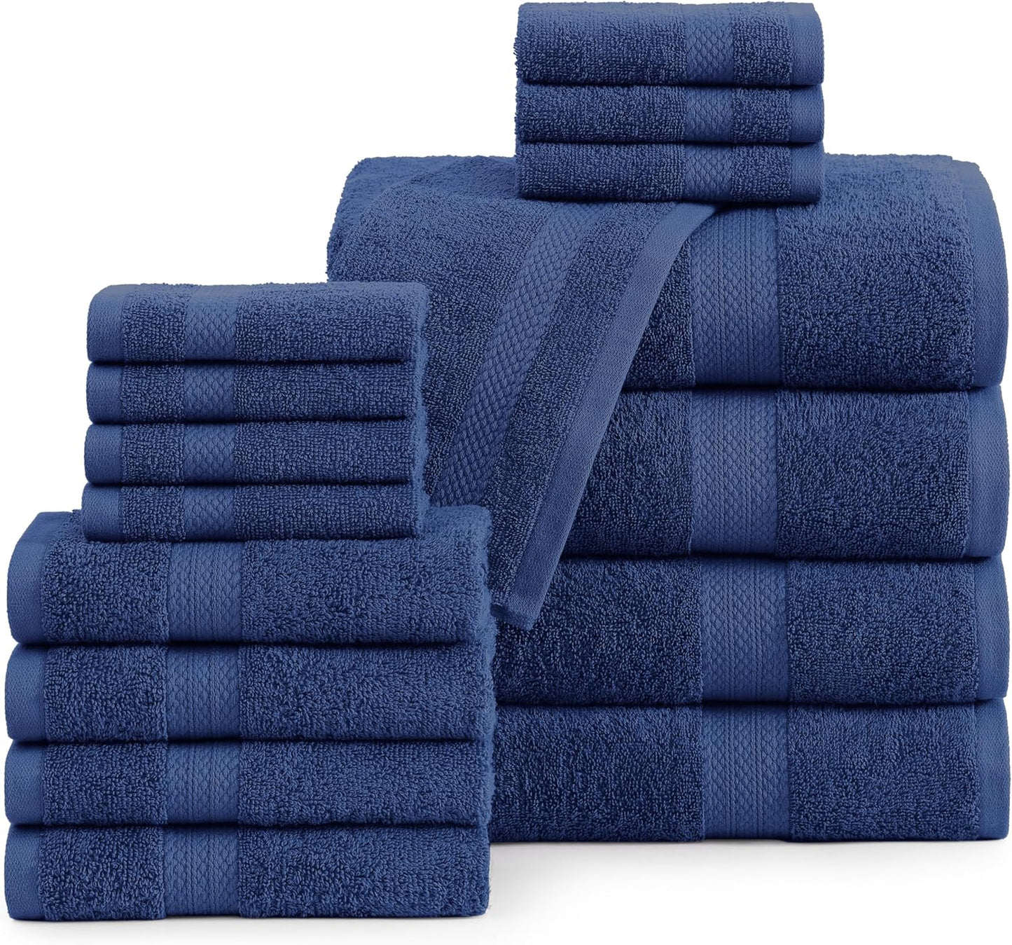LANE LINEN 100% Cotton Luxury Towel Set for Bathroom - 16 Pieces, Ring Spun - Plush, Soft & Highly Absorbent - 4 Shower Towels, 8 Washcloths, 4 Hand Towels - Complete Bathroom Towel Set - Navy Blue