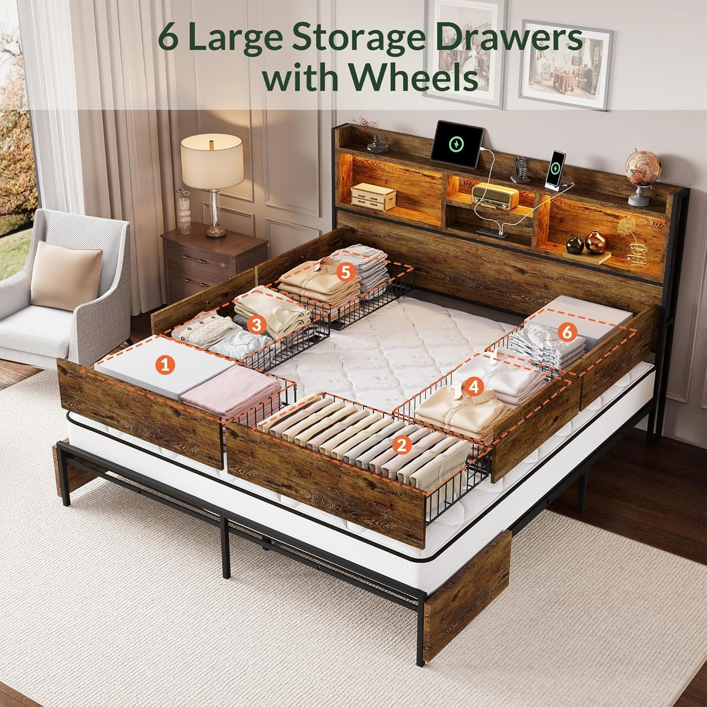 LARMACE King Size Bed Frame with 6 Storage Drawers and Headboard Wooden Platform Bed Frame with LED Lights and Charging Station Easy Assembly/No Box Spring Needed/Vintage Brown