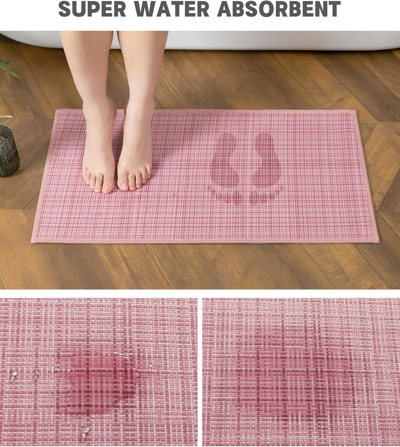 YIHOUSE Bathroom Rugs Sets 5 Pieces, Pink Ultra Thin Bath Mats Fit Under Door, Absorbent Quickly Dry Rubber Backing Braided Bath Mat Set, Non Slip Washable Bath Rugs for Bathroom Floor, Pink