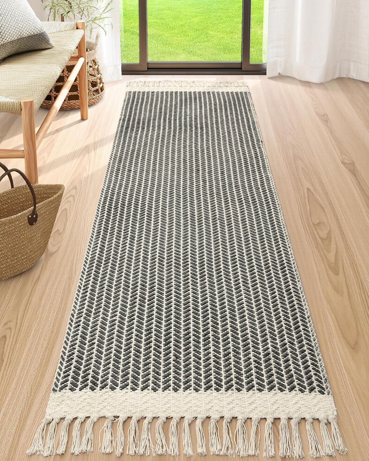 Lahome Boho Kitchen Runner, 2'6''x8 Entryway Rug Lightweight Runners for Hallway Washable Runner Rug with Tassels, Farmhouse Grey Rugs Non Shedding Carpet for Bathroom Foyer