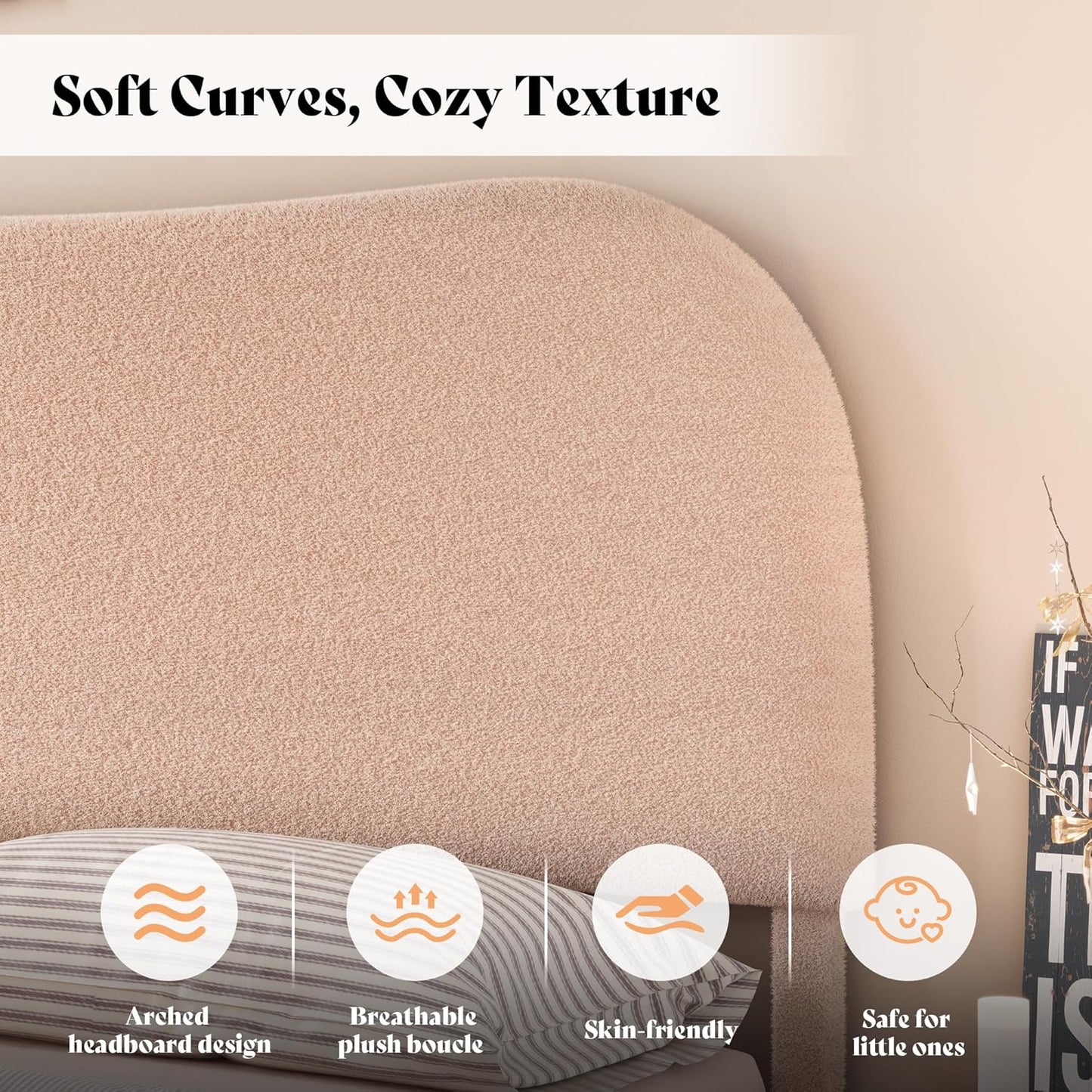 AMERLIFE Queen Size Upholstered Boucle Bed Frame, Soft Cloud Platform Bed with Adjustable Headboard, Modern Design, Rounded Corners, Rubberwood Legs, No Box Spring Needed, Easy Assembly, Beige