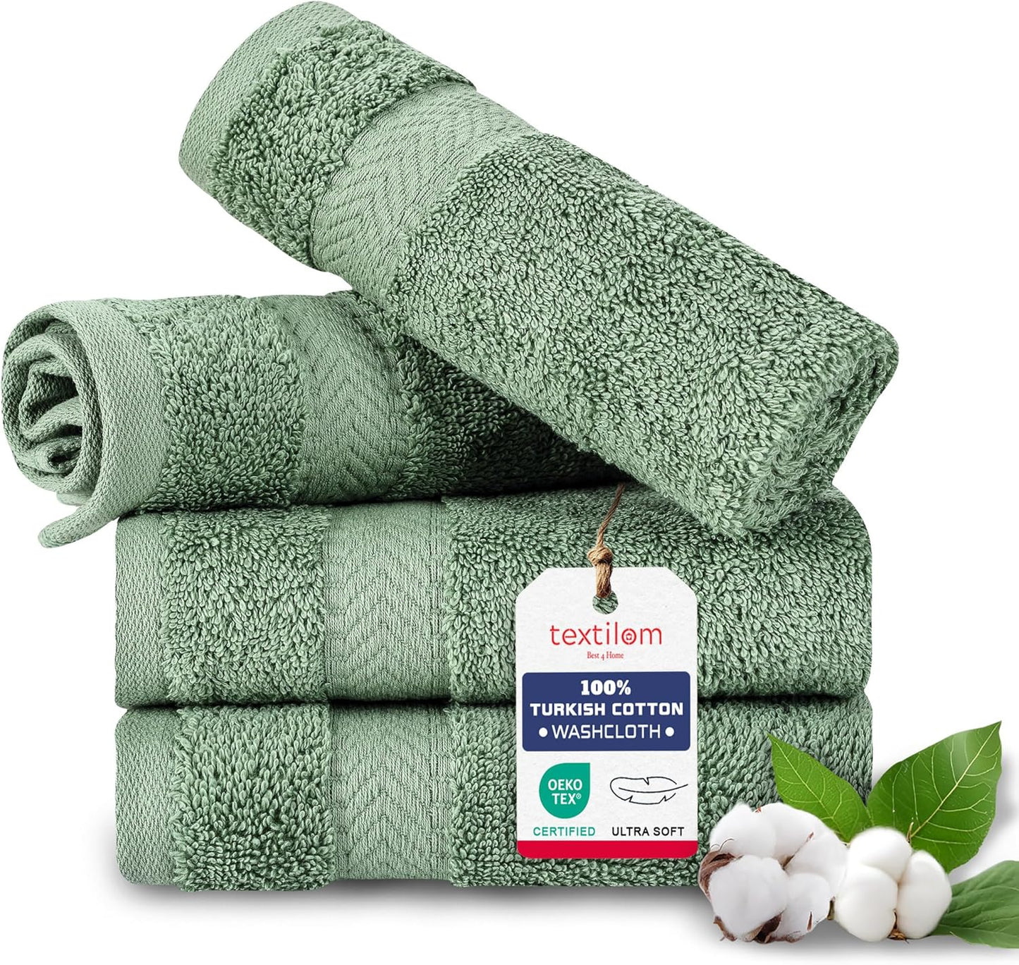TEXTILOM Washcloths for Body and Face – Hotel and Spa Quality & Soft & Absorbent & Quick Dry Wash Cloths for Your Body – 100% Turkish Cotton Wash Clothes Towel Set of 4 (13 x 13 inches) - Green