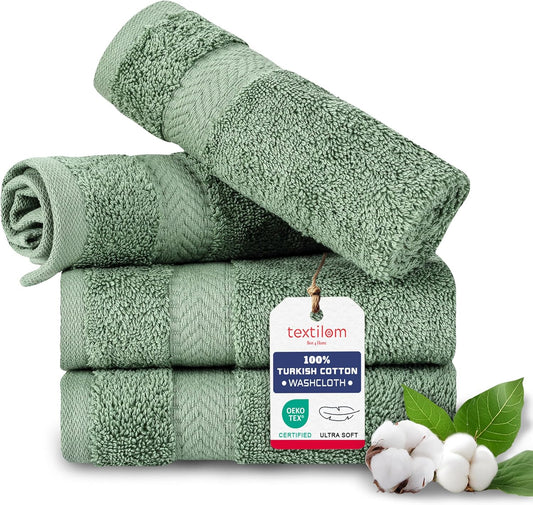 TEXTILOM Washcloths for Body and Face – Hotel and Spa Quality & Soft & Absorbent & Quick Dry Wash Cloths for Your Body – 100% Turkish Cotton Wash Clothes Towel Set of 4 (13 x 13 inches) - Green