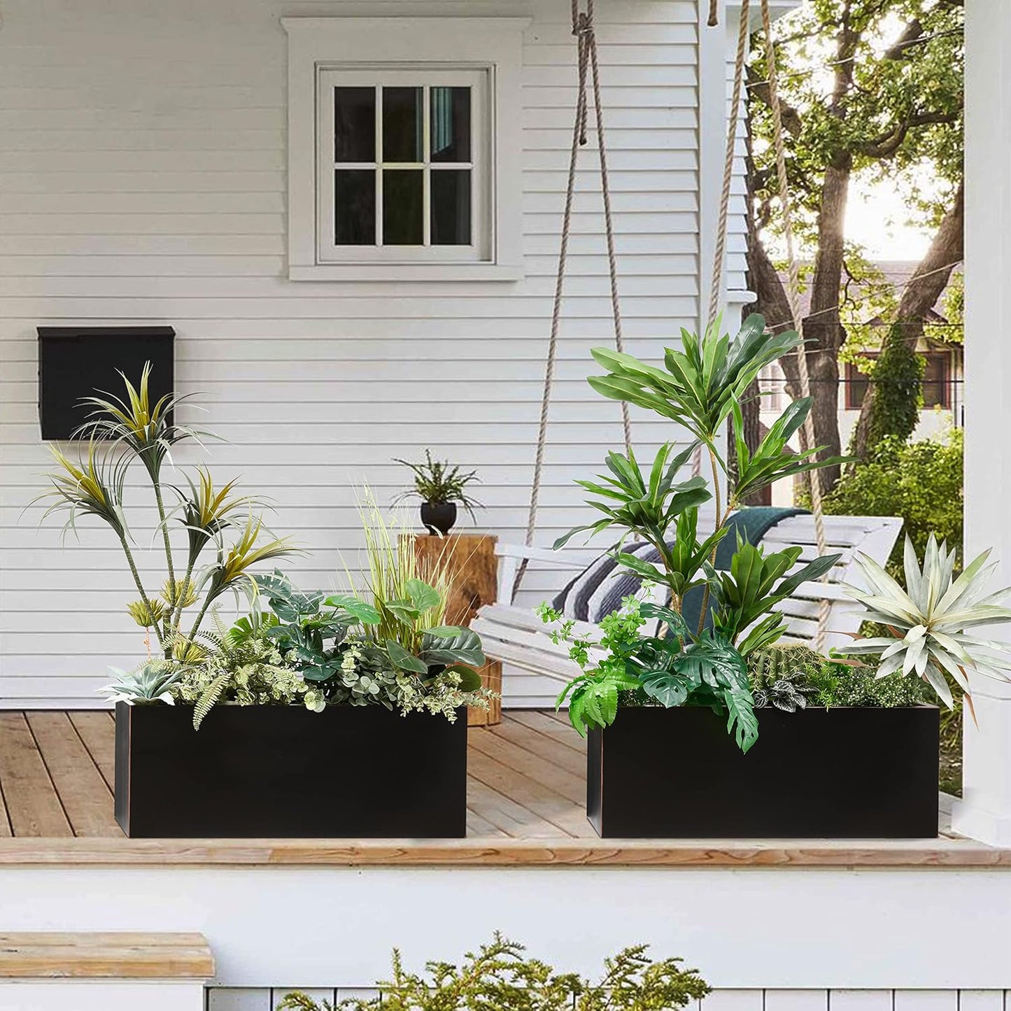 Wallowa Metallic Heavy Long and Large Outdoor/Indoor Planter, Rectangular Trough Planter Box, 38”Lx15”Wx15”H, 40Pounds, Black with Hand Brushed Gold Edge, No Assemble and Seamless