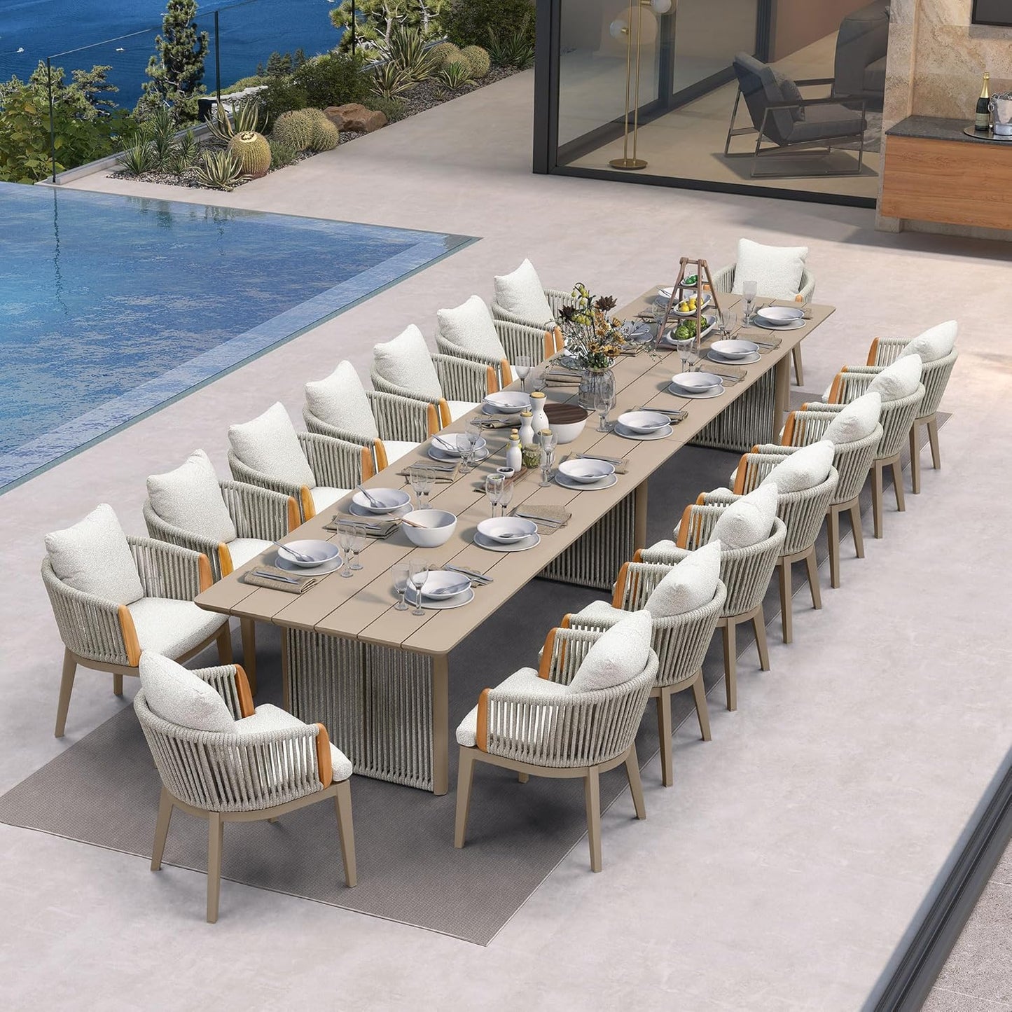 PURPLE LEAF Outdoor Dining Set of 17, Aluminum Outdoor Patio Table and Chairs Set with Olefin Cushions, Patio Furniture Set for Garden or Deck, Beige