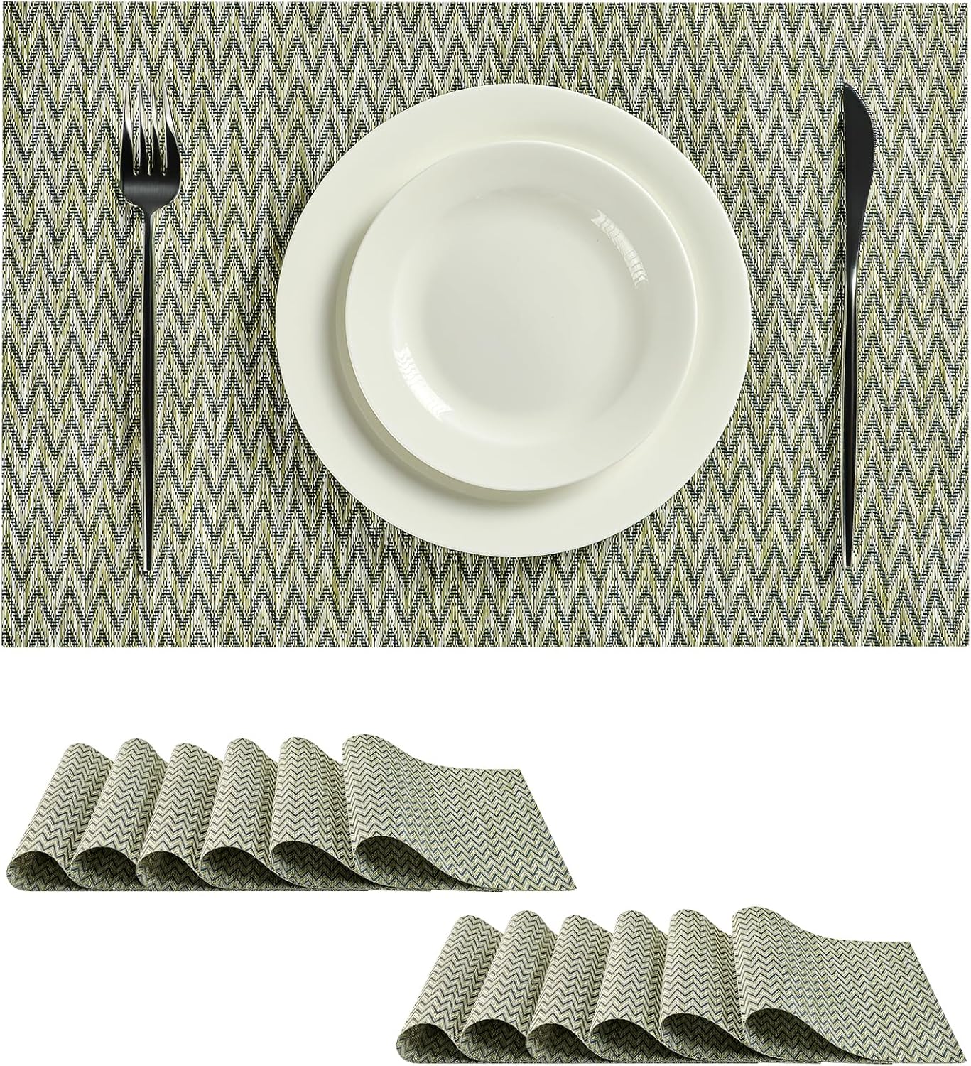 Leetaltree Green Placemats Set of 12 - Heat Resistant Non-Slip Place mats for Dining Table, Washable Durable PVC Vinyl Woven Table Mats（Green Zigzag, 12）
