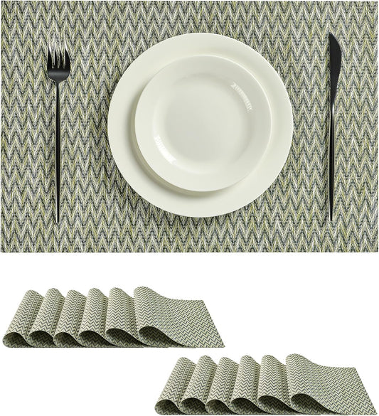 Leetaltree Green Placemats Set of 12 - Heat Resistant Non-Slip Place mats for Dining Table, Washable Durable PVC Vinyl Woven Table Mats（Green Zigzag, 12）