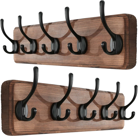 SKOLOO Rustic Wall Mounted Coat Rack, Case of 2, Pine Solid Wood Coat Hook Hanger - 5 Hooks for Hanging Clothes Robes Towels Coats