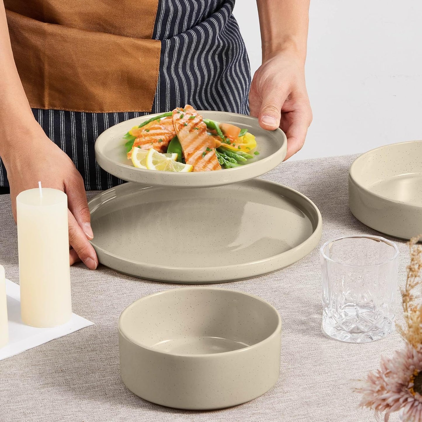Herogo 8 Piece Dinnerware Sets with Double Bowls, Ceramic Dinner Dishware for 2, Stoneware Plate and Bowls Set for Kitchen Dining, Microwave & Dishwasher Safe, Speckled Khaki
