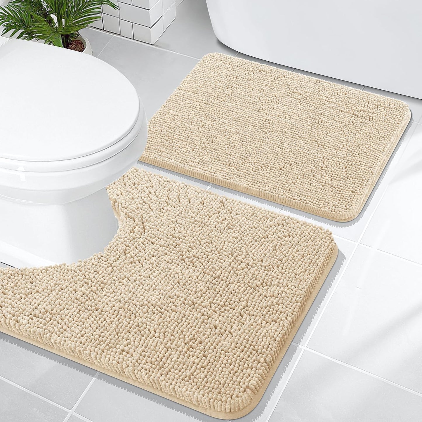 OLANLY Bathroom Rugs Sets 2 Piece, Soft Absorbent Chenille Bath Mats and U-Shaped Contour Toilet Mat Area Rug Set, Machine Washable Bath Carpet, Home Decor Accessories(24"x16"+24"x20", Beige)