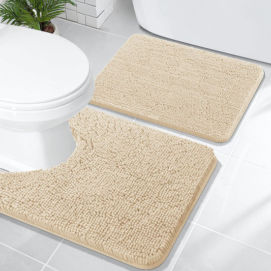 OLANLY Bathroom Rugs Sets 2 Piece, Soft Absorbent Chenille Bath Mats and U-Shaped Contour Toilet Mat Area Rug Set, Machine Washable Bath Carpet, Home Decor Accessories(24"x16"+24"x20", Beige)