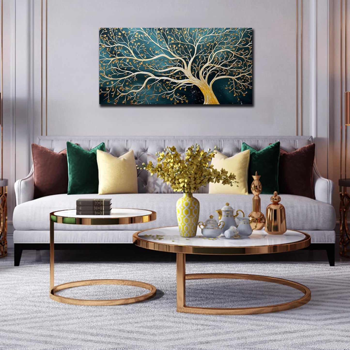 ENTANUB Tree Wall Art for Living Room, Abstract Canvas Wall Decor for Bedroom, Gold and Green Picture Print Artwork, Size 40 x 20 Inches