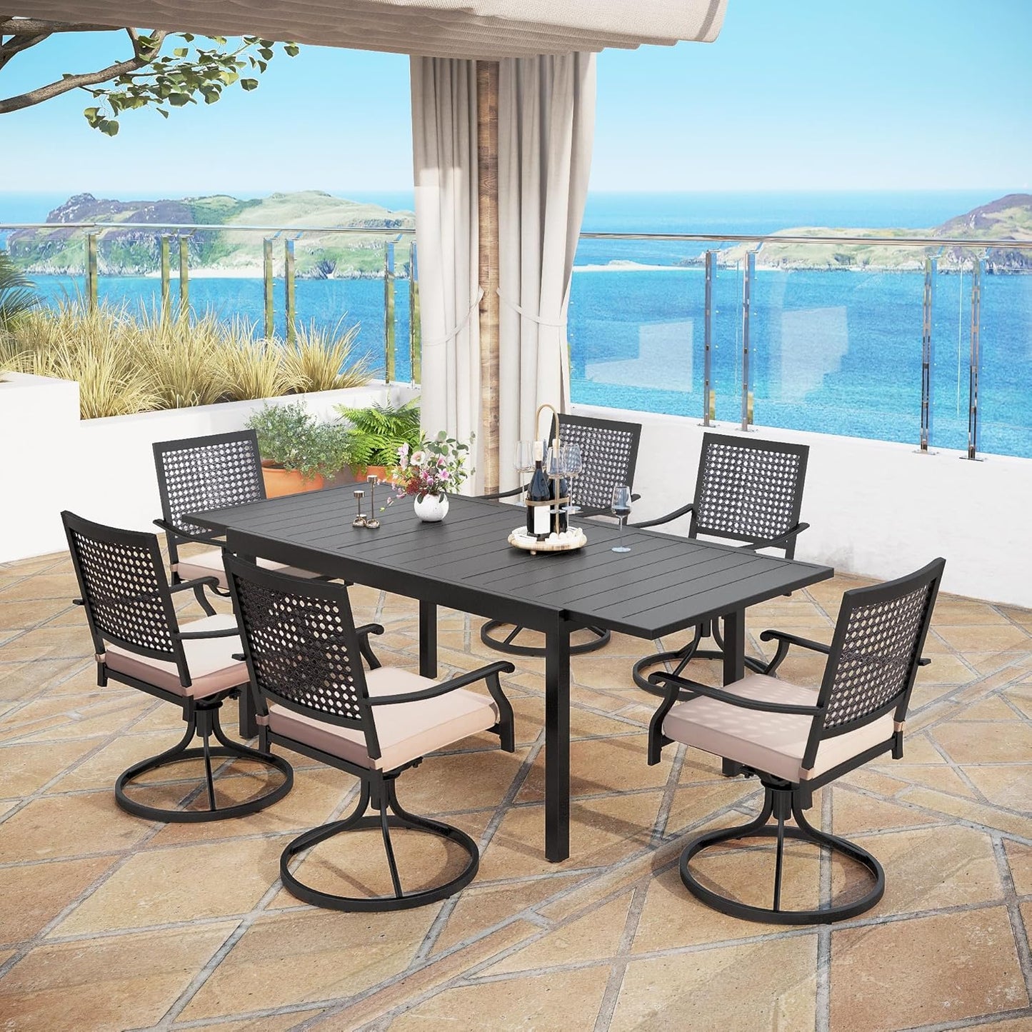 MFSTUDIO Patio Table and Chairs Set, Outdoor Dining Set for 6 with Swivel Chairs, 7 Piece Metal Patio Dining Set for Deck Backyard Poolside Garden